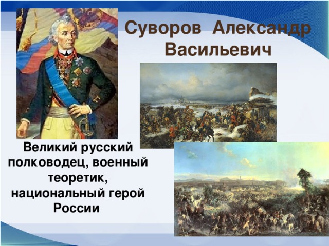 Суворов Александр  Васильевич Великий русский полководец, военный теоретик, национальный герой России