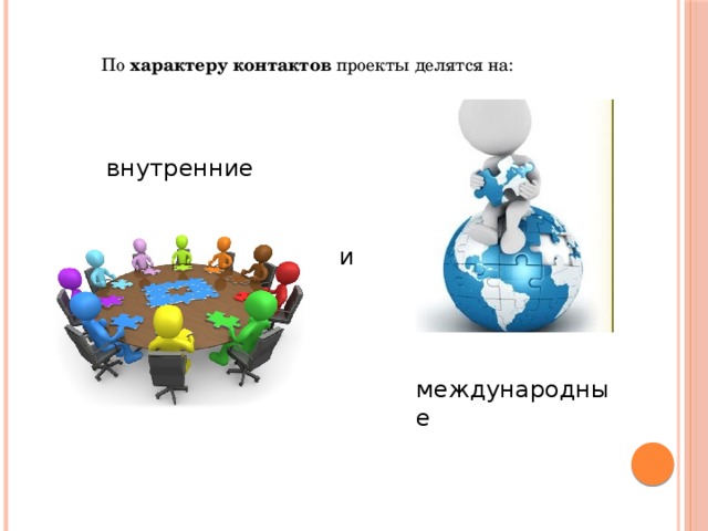 По характеру контактов проекты делятся на: внутренние и международные