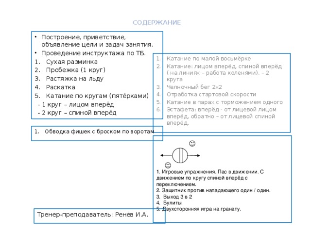 СОДЕРЖАНИЕ   Построение, приветствие, объявление цели и задач занятия. Проведение инструктажа по ТБ. Сухая разминка Пробежка (1 круг) Растяжка на льду Раскатка Катание по кругам (пятёрками) - 1 круг – лицом вперёд - 2 круг – спиной вперёд Катание по малой восьмёрке Катание: лицом вперёд, спиной вперёд ( на линиях – работа коленями). – 2 круга Челночный бег 2х2 Отработка стартовой скорости Катание в парах с торможением одного Эстафета: вперёд - от лицевой лицом вперёд, обратно – от лицевой спиной вперёд. Обводка фишек с броском по воротам 1. Игровые упражнения. Пас в движении. С движением по кругу спиной вперёд с переключением. 2. Защитник против нападающего один / один. 3. Выход 3 в 2 4. Булиты 5. Двухсторонняя игра на гранату. Тренер-преподаватель: Ренёв И.А.