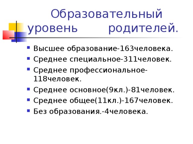 Образовательный уровень родителей.