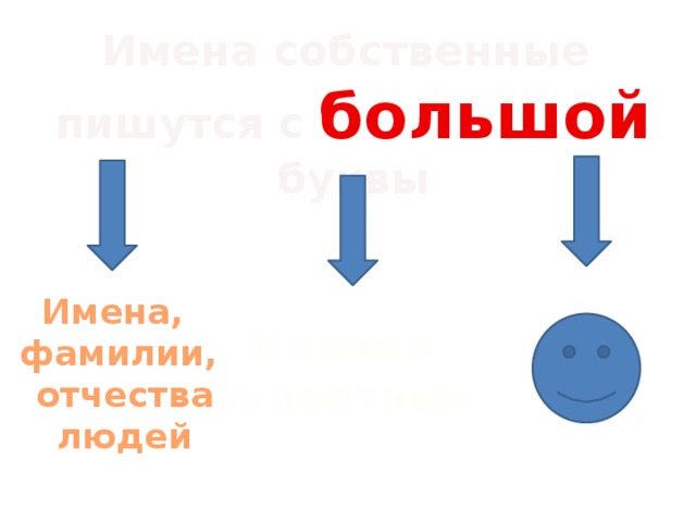 Имена собственные пишутся с большой буквы Имена, фамилии,  отчества  людей Клички животных Клички животных являются именами собственными и пишутся с большой буквы.