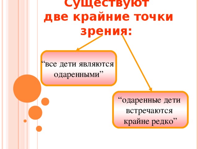 Существуют  две крайние точки зрения: “ все дети являются одаренными” “ одаренные дети встречаются крайне редко”