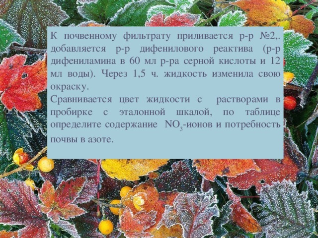 К почвенному  фильтрату прили вается р - р № 2 ,. добавляется р - р дифенилового реактива (р-р дифениламина в 60 мл р-ра серной кислоты и 12 мл воды). Через 1,5 ч. жидкость изменила свою окраску. С равни вается цвет жидкости с раствор ами в пробирке с эталонной шкалой, по таблице определите содержание NO 3 -ионов и потребность почвы в азоте.