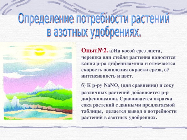 Опыт№2. а ) На  к осой срез листа, черешка или стебля растения наноси тся капл я р-ра дифениламина и отмеча ется скорость появления окраски среза, её интенсивность и цвет. б) К р - р у  NaNO 3 (для сравнения) и сок у различных растений  добавля ется р-р дифениламина. Сравнива ется окраск а сока растений с данными предлагаемой таблицы, дела ется вывод о потребности растений в азотных удобрениях.