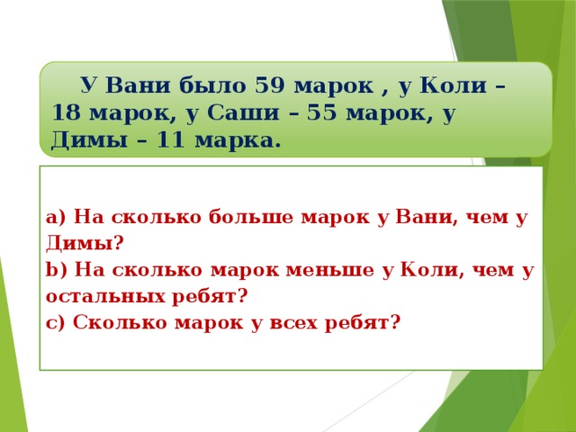 У Вани было 59 марок , у Коли – 18 марок, у Саши – 55 марок, у Димы – 11 марка. a) На сколько больше марок у Вани, чем у Димы? b) На сколько марок меньше у Коли, чем у остальных ребят? c) Сколько марок у всех ребят?