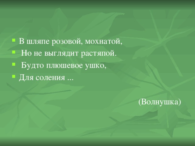 В шляпе розовой, мохнатой,  Но не выглядит растяпой.  Будто плюшевое ушко, Для соления ...