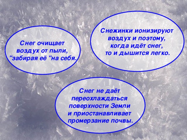 Снежинки ионизируют воздух и поэтому, когда идёт снег, то и дышится легко. Снег очищает воздух от пыли, 