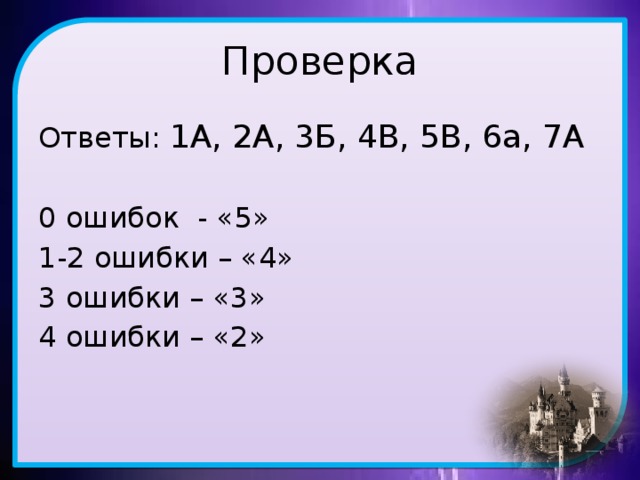 Проверка Ответы: 1А, 2А, 3Б, 4В, 5В, 6а, 7А 0 ошибок - «5» 1-2 ошибки – «4» 3 ошибки – «3» 4 ошибки – «2»