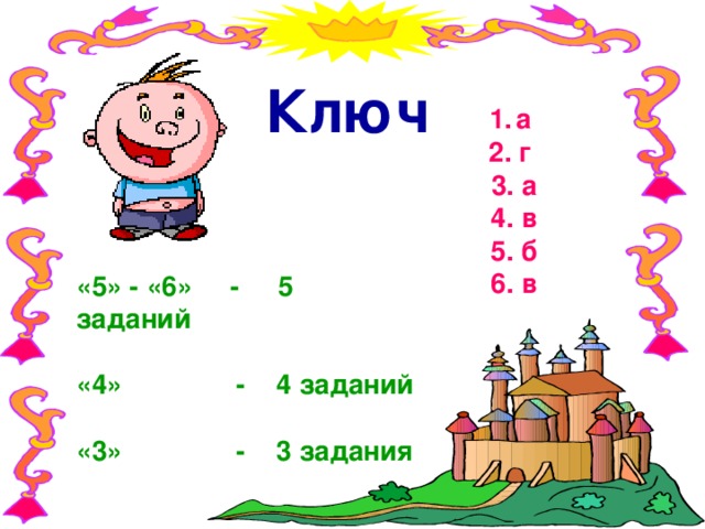 Ключ а  2. г  3. а  4. в  5. б  6. в  «5» - «6» - 5 заданий  «4» - 4 заданий  «3» - 3 задания