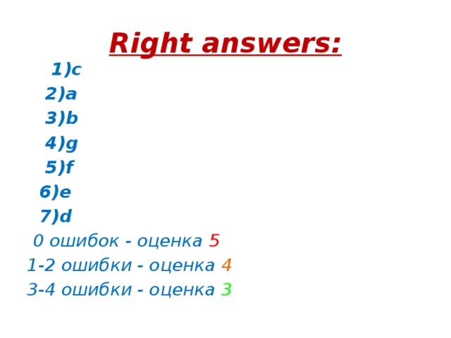 Right answers:  1)c  2)a  3)b  4)g  5)f  6)e  7)d  0 ошибок - оценка 5 1-2 ошибки - оценка 4 3-4 ошибки - оценка 3