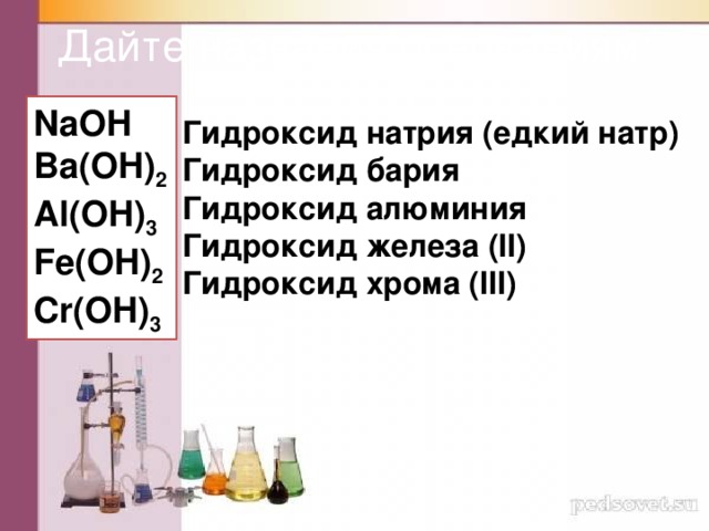 Дайте названия основаниям: NaOH Ba(OH) 2 Al(OH) 3 Fe(OH) 2 Cr(OH) 3 Гидроксид натрия (едкий натр) Гидроксид бария Гидроксид алюминия Гидроксид железа (II) Гидроксид хрома (III)