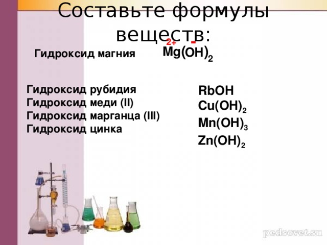 Составьте формулы веществ: - 2+ ) ( Mg OH Гидроксид магния 2 RbOH Cu(OH) 2 Mn(OH) 3 Zn(OH) 2 Гидроксид рубидия Гидроксид меди (II) Гидроксид марганца (III) Гидроксид цинка