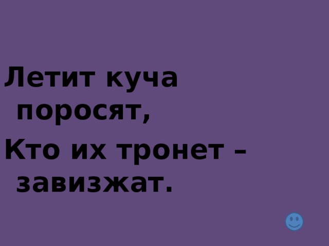 Летит куча поросят, Кто их тронет – завизжат.