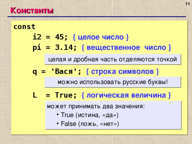 Константы const     i2 = 45; { целое число }  pi = 3.14; { вещественное число }   q = ' Вася ';  { строка символов }   L = True;  { логическая величина } целая и дробная часть отделяются точкой можно использовать русские буквы! может принимать два значения:  True ( истина, «да» )  False ( ложь, «нет»)  True ( истина, «да» )  False ( ложь, «нет»)