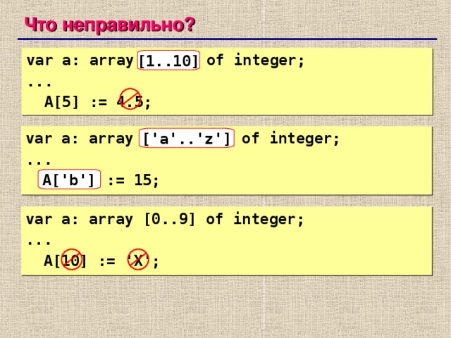 Что неправильно? var a: array[10..1] of integer; ...  A[5] := 4.5; [1..10]  var a: array ['z'..'a'] of integer; ...  A['B'] := 15; ['a'..'z'] A['b'] var a: array [0..9] of integer; ...  A[10] := 'X';   73 73