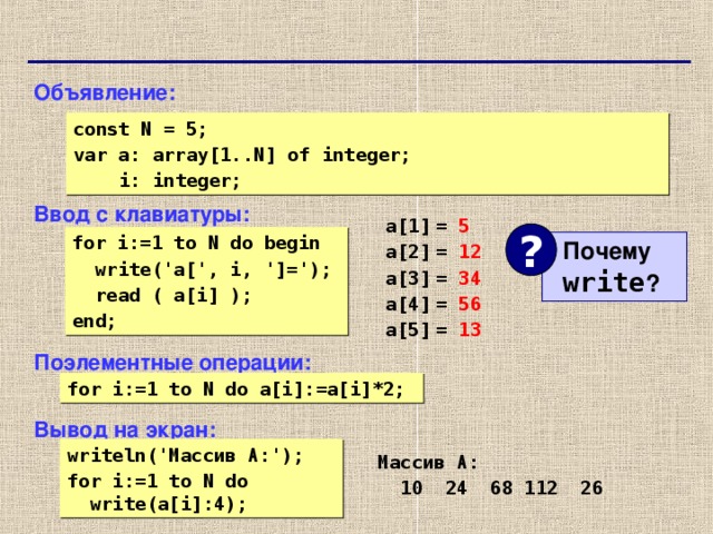 Объявление: Ввод с клавиатуры: Поэлементные операции: Вывод на экран: const N = 5;  var a: array[1..N] of integer;  i: integer; a[1]  =  a[2]  =  a[3]  =  a[4]  =  a[5]  =  5 12 34 56 13 ? for i:=1 to N do begin  write('a[', i, ']=');  read ( a[i] ); end;  Почему   write ? for i:=1 to N do a[i]:=a[i]*2; writeln(' Массив A:'); for i:=1 to N do  write(a[i]:4); Массив A:  1 0 24 68 112 26 74 74