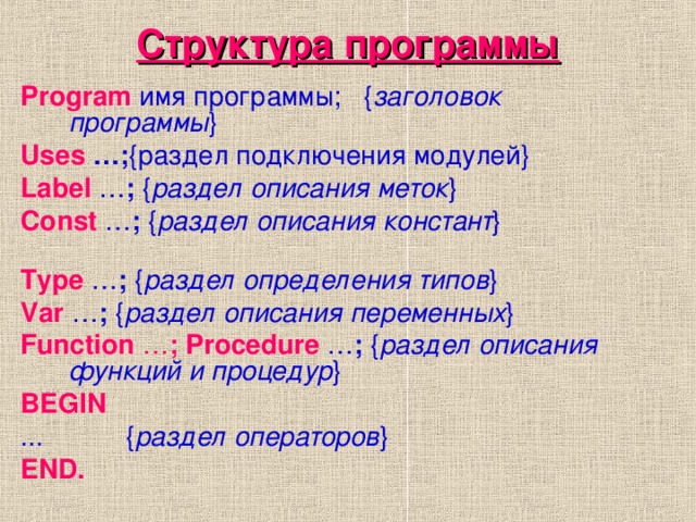 Структура программы Program имя программы; { заголовок программы } Uses …; {раздел подключения модулей} Label  … ; { раздел описания меток } Const … ; { раздел описания констант } Туре … ; { раздел определения типов } Var  … ; { раздел описания переменных } Function … ;  Procedure … ; { раздел описания функций и процедур } BEGIN  ... { раздел операторов } END.