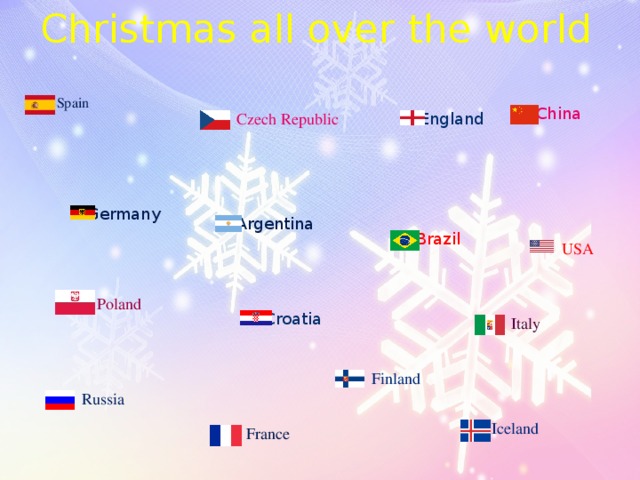 Christmas all over the world Spain China Czech Republic England Germany Argentina Brazil USA Poland Croatia Italy Finland Russia Iceland France