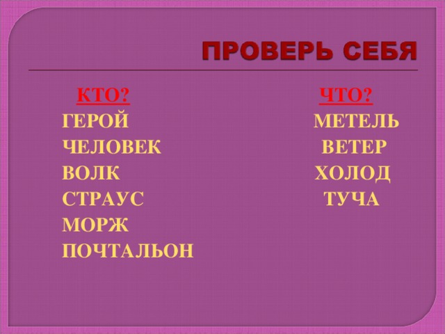 КТО?  ЧТО?  ГЕРОЙ МЕТЕЛЬ  ЧЕЛОВЕК ВЕТЕР  ВОЛК ХОЛОД  СТРАУС ТУЧА  МОРЖ  ПОЧТАЛЬОН