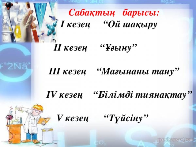 Сабақтың барысы:  I кезең “Ой шақыру   II кезең “Ұғыну”   III кезең “Мағынаны тану”   IV кезең “Білімді тиянақтау”   V кезең “Түйсіну”