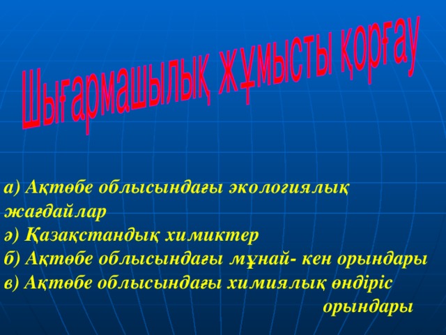 а) Ақтөбе облысындағы экологиялық жағдайлар ә) Қазақстандық химиктер б) Ақтөбе облысындағы мұнай- кен орындары в) Ақтөбе облысындағы химиялық өндіріс  орындары