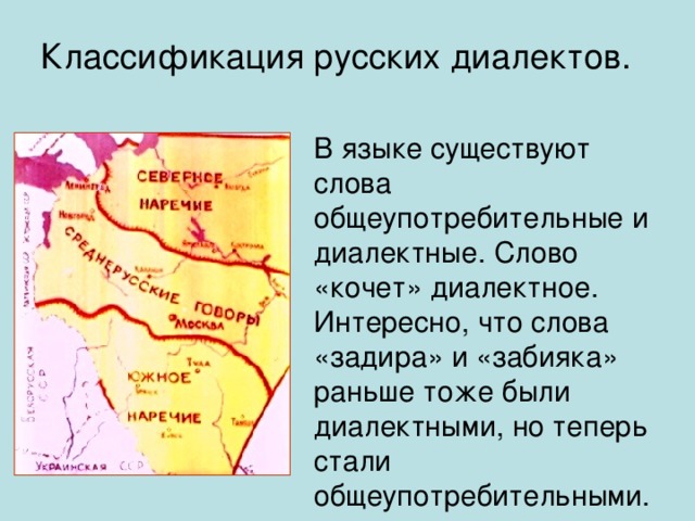 Классификация русских диалектов. В языке существуют слова общеупотребительные и диалектные. Слово «кочет» диалектное. Интересно, что слова «задира» и «забияка» раньше тоже были диалектными, но теперь стали общеупотребительными.