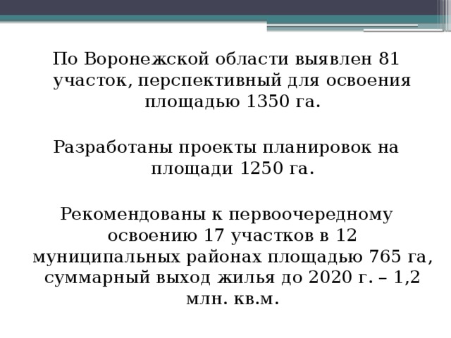 По Воронежской области выявлен 81 участок, перспективный для освоения площадью 1350 га. Разработаны проекты планировок на площади 1250 га. Рекомендованы к первоочередному освоению 17 участков в 12 муниципальных районах площадью 765 га, суммарный выход жилья до 2020 г. – 1,2 млн. кв.м.