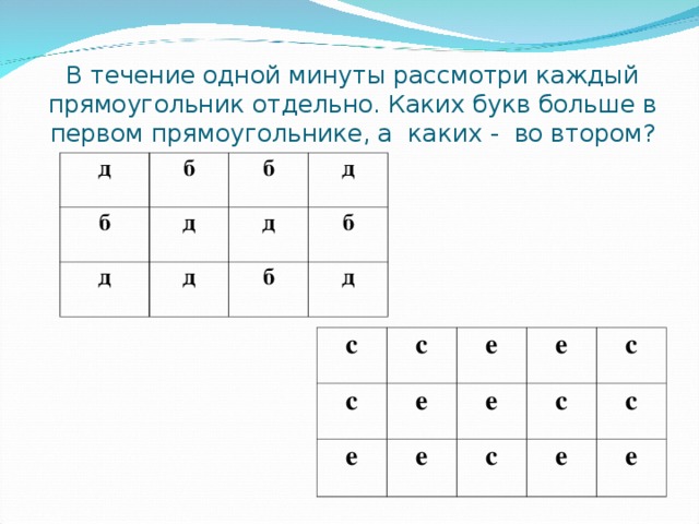 В течение одной минуты рассмотри каждый прямоугольник отдельно. Каких букв больше в первом прямоугольнике, а каких - во втором?   д б б д б д д д д б б д с с с е е е е е е с с с с е е