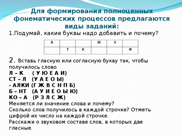 Для формирования полноценных фонематических процессов предлагаются виды заданий:   1.Подумай, какие буквы надо добавить и почему? Б Т Ж К З Ф 2. Вставь гласную или согласную букву так, чтобы получилось слово Л – К ( У Ю Е А И) СТ – Л (У А Е О Ы) - АЛКИ (Г Ж В С Н П Б) Б – НТ (А У И Е О Ы Ю) КО – А (Р З Л С Ж) Меняется ли значение слова и почему? Сколько слов получилось в каждой строчке? Отметь цифрой их число на каждой строчке. Расскажи о звуковом составе слов, в которых две гласные.