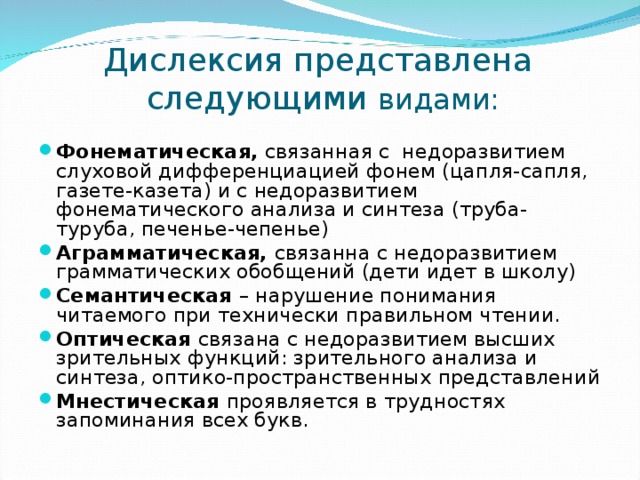 Дислексия представлена  следующими видами: