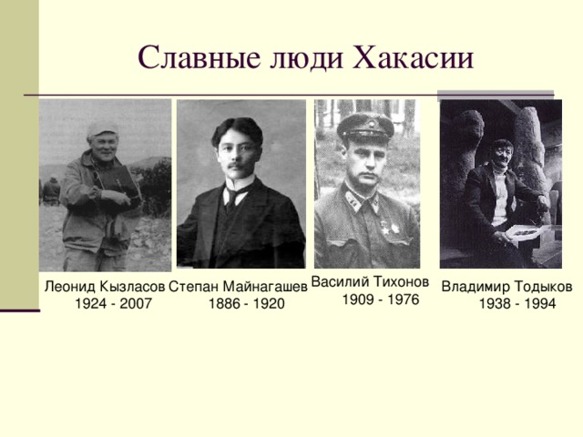 Леонид Кызласов  1924 - 2007 Степан Майнагашев  1886 - 1920 Владимир Тодыков  1938 - 1994