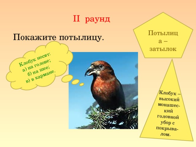 Клобук носят: а) на голове; б) на шее; в) в кармане. Клобук – высокий монашес-кий головной убор с покрыва-лом. II раунд Потылица – затылок  Покажите потылицу.