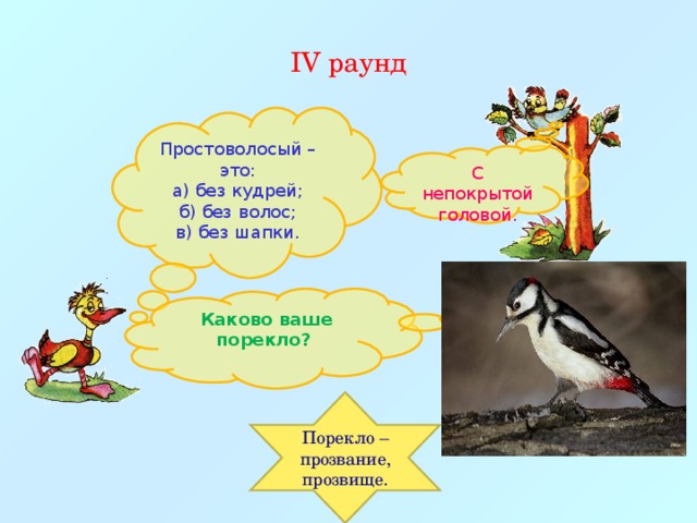 IV раунд Простоволосый – это: а) без кудрей; б) без волос; в) без шапки. С непокрытой головой.  Каково ваше порекло? Порекло – прозвание, прозвище.