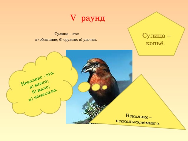 Неколико - это: а) много; б) мало; в) несколько.  Неколико – несколько,немного. V раунд Сулица – копьё.  Сулица – это: а) обещание; б) оружие; в) удочка.