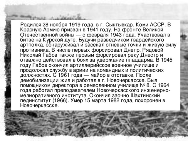 Родился 28 ноября 1919 года, в г. Сыктывкар, Коми АССР. В Красную Армию призван в 1941 году. На фронте Великой Отечественной войны — с февраля 1943 года. Участвовал в битве на Курской дуге. Будучи разведчиком гвардейского артполка, обнаруживал и засекал огневые точки и живую силу противника. В числе первых форсировал Днепр. Рядовой Николай Габов также первым форсировал реку Днестр и отважно действовал в боях за удержание плацдарма. В 1945 году Габов окончил артиллерийское военное училище и продолжал службу в армии на командных и политических должностях. С 1961 года — майор в отставке. После демобилизации жил и работал в г. Новочеркасске. Был помощником директора в ремесленном училище № 8. С 1964 года работал преподавателем Новочеркасского инженерно- мелиоративного института. Окончил заочно Шахтинский пединститут (1966). Умер 15 марта 1982 года, похоронен в Новочеркасске.