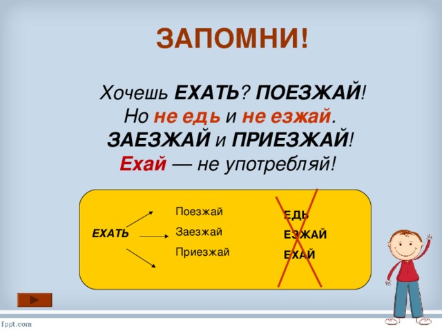 ЗАПОМНИ!  Хочешь  ЕХАТЬ ?  ПОЕЗЖАЙ !  Но не едь и не езжай .  ЗАЕЗЖАЙ  и  ПРИЕЗЖАЙ !  Ехай  — не употребляй!  Поезжай Заезжай Приезжай ЕДЬ ЕЗЖАЙ ЕХАЙ ЕХАТЬ