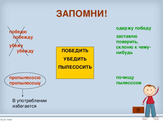 ЗАПОМНИ!   одержу победу заставлю поверить, склоню к чему-нибудь   почищу пылесосом  победю побежду убежу убежду ПОБЕДИТЬ УБЕДИТЬ ПЫЛЕСОСИТЬ  пропылесосю пропылесошу В употреблении избегается