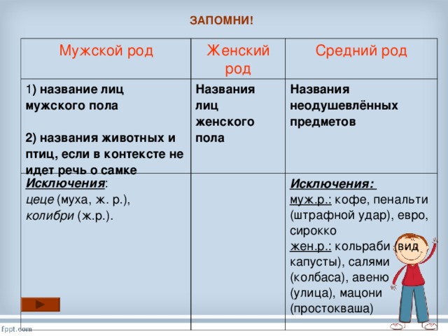 ЗАПОМНИ! Мужской род Женский род 1 ) название лиц мужского пола  2) названия животных и птиц, если в контексте не идет речь о самке Средний род Названия лиц женского пола Исключения : цеце (муха, ж. р.), колибри (ж.р.). Названия неодушевлённых предметов Исключения:  муж.р.: кофе, пенальти (штрафной удар), евро, сирокко жен.р.: кольраби (вид капусты), салями (колбаса), авеню (улица), мацони (простокваша)