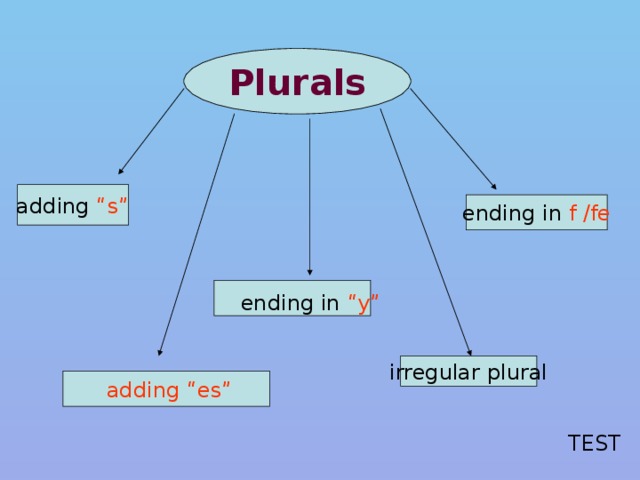 Plurals adding “s” ending in f /fe ending in “y” irregular plural  adding “es” TEST