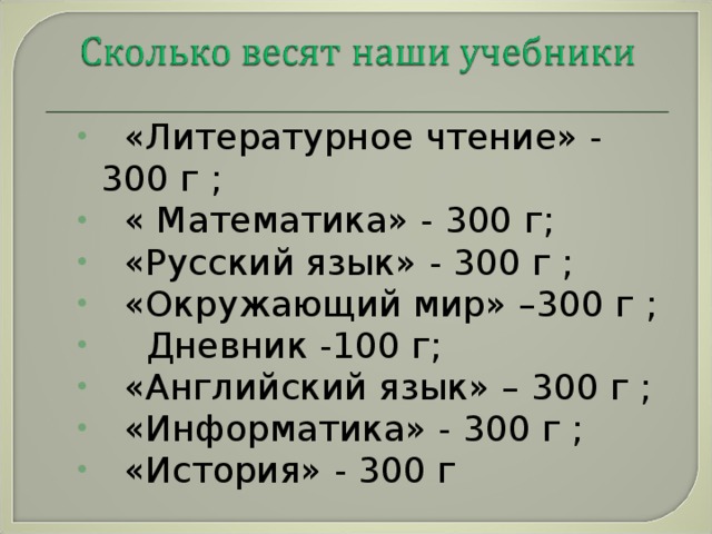 «Литературное чтение» - 300 г ;  « Математика» - 300 г ;  «Русский язык» - 300 г ;  «Окружающий мир» –300 г ;  Дневник -100 г ;  «Английский язык» – 300 г ;  «Информатика» - 300 г ;  «История» - 300 г