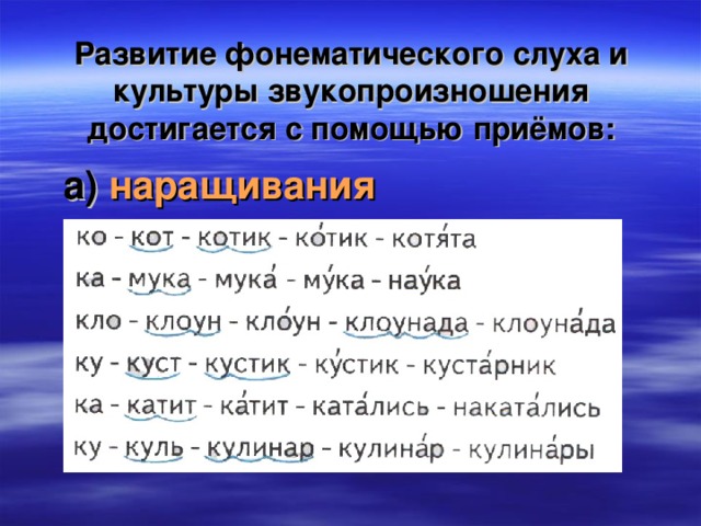 Развитие фонематического слуха и культуры звукопроизношения достигается с помощью приёмов: а)  наращивания