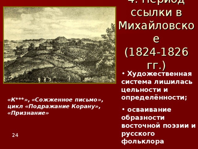 4. Период ссылки в Михайловское  (1824-1826 гг.)  Художественная система лишилась цельности и определённости;  осваивание образности восточной поэзии и русского фольклора  «К***», «Сожженное письмо», цикл «Подражание Корану», «Признание» 24