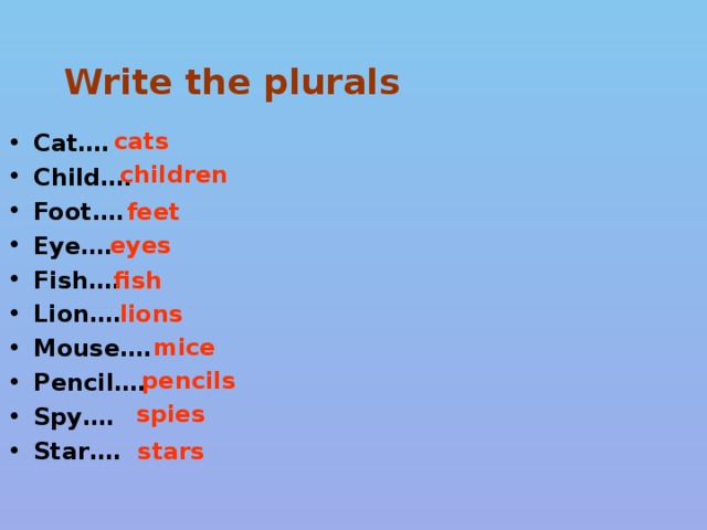 Write the plurals cats Cat…. Child…. Foot…. Eye…. Fish…. Lion…. Mouse…. Pencil…. Spy…. Star….  children feet eyes fish lions mice pencils spies stars
