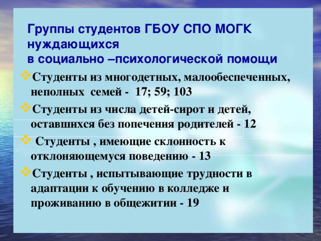 Группы студентов ГБОУ СПО МОГК нуждающихся  в социально –психологической помощи