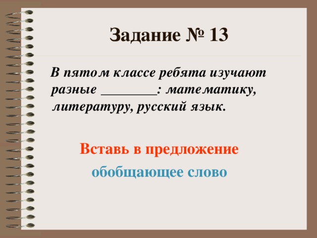 Задание № 13  В пятом классе ребята изучают разные ________: математику, литературу, русский язык.   Вставь в предложение  обобщающее слово