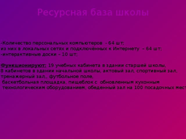 Ресурсная база школы -Количество персональных компьютеров  - 64 шт; из них в локальных сетях и подключённых к Интернету  – 64 шт; -интерактивные доски – 10 шт; Функционируют:  19 учебных кабинета в здании старшей школы, 8 кабинетов в здании начальной школы, актовый зал, спортивный зал, тренажерный зал,, футбольное поле,  баскетбольная площадка, пищеблок с  обновленным кухонным  технологическим оборудованием, обеденный зал на 100 посадочных мест.