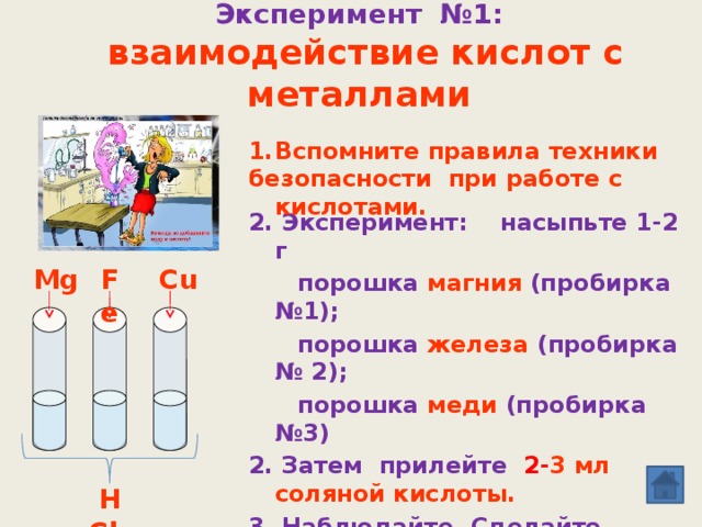 Эксперимент №1:  взаимодействие кислот с металлами Вспомните правила техники безопасности при работе с кислотами. 2. Эксперимент: насыпьте 1-2 г  порошка магния (пробирка №1);  порошка железа (пробирка № 2);  порошка меди (пробирка №3) 2. Затем прилейте 2- 3 мл соляной кислоты. 3. Наблюдайте. Сделайте выводы о скорости и возможности протекания реакций.  Cu Fe   Mg  H Cl