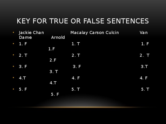 Key for true or false sentences