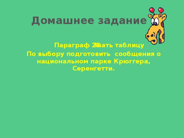 Домашнее задание Параграф 28 Знать таблицу По выбору подготовить сообщения о национальном парке Крюггера, Серенгетти.