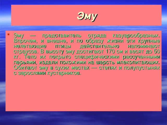 Эму Эму — представитель отряда казуарообразных. Впрочем, и внешне, и по образу жизни эти крупные нелетающие птицы действительно напоминают страусов. В высоту эму достигают 170 см и весят до 50 кг. Тело их покрыто специфическими рассученными перьями, издали похожими на шерсть млекопитающих. Обитают эму в сухих местах — степях и полупустынях с зарослями кустарников.